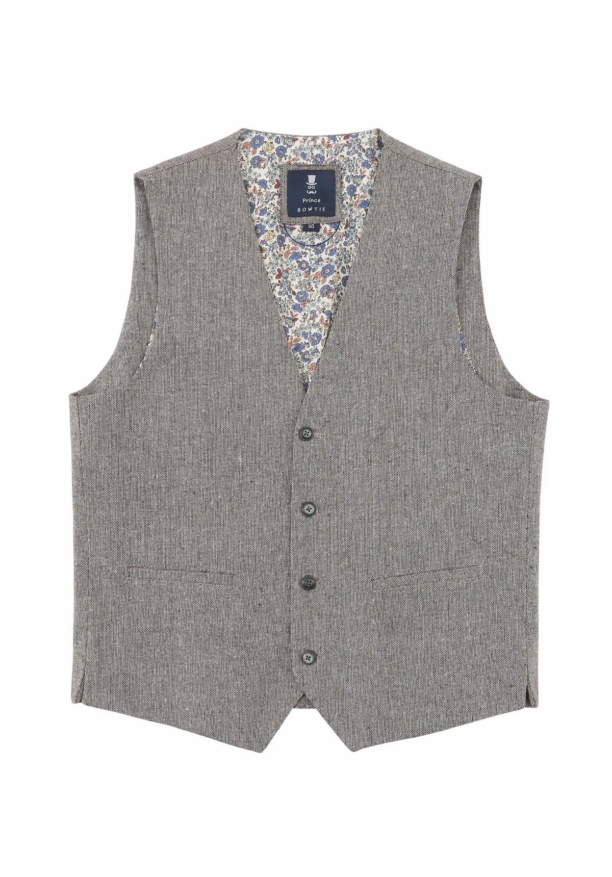 (Beige) Weste Herren Tweed – Frontalansicht mit Knopfleiste und Paspeltaschen