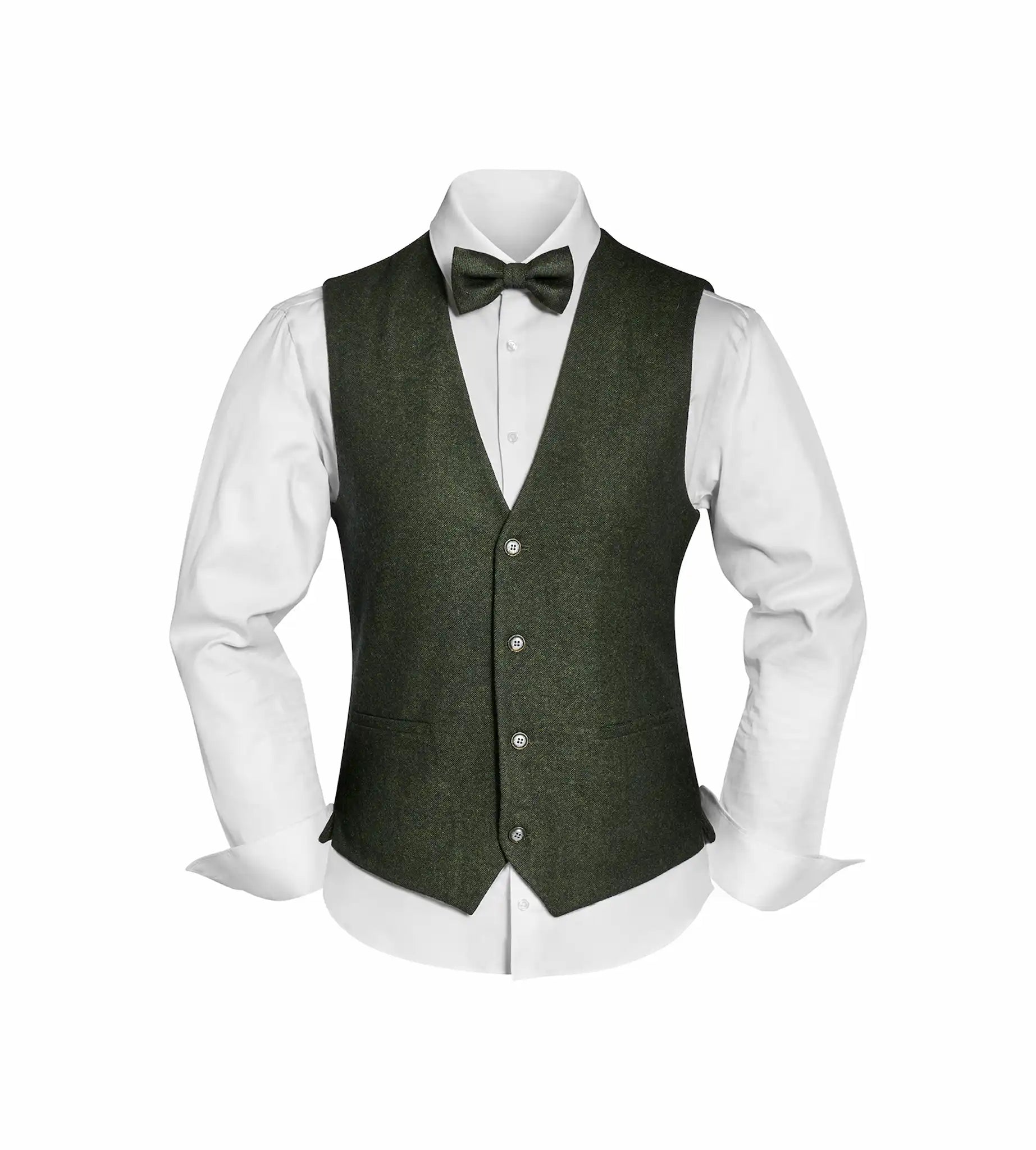 (Dunkelgrün) Westen Set Herren Tweed mit Fliege – Outfit auf Mannequin mit weißem Hemd