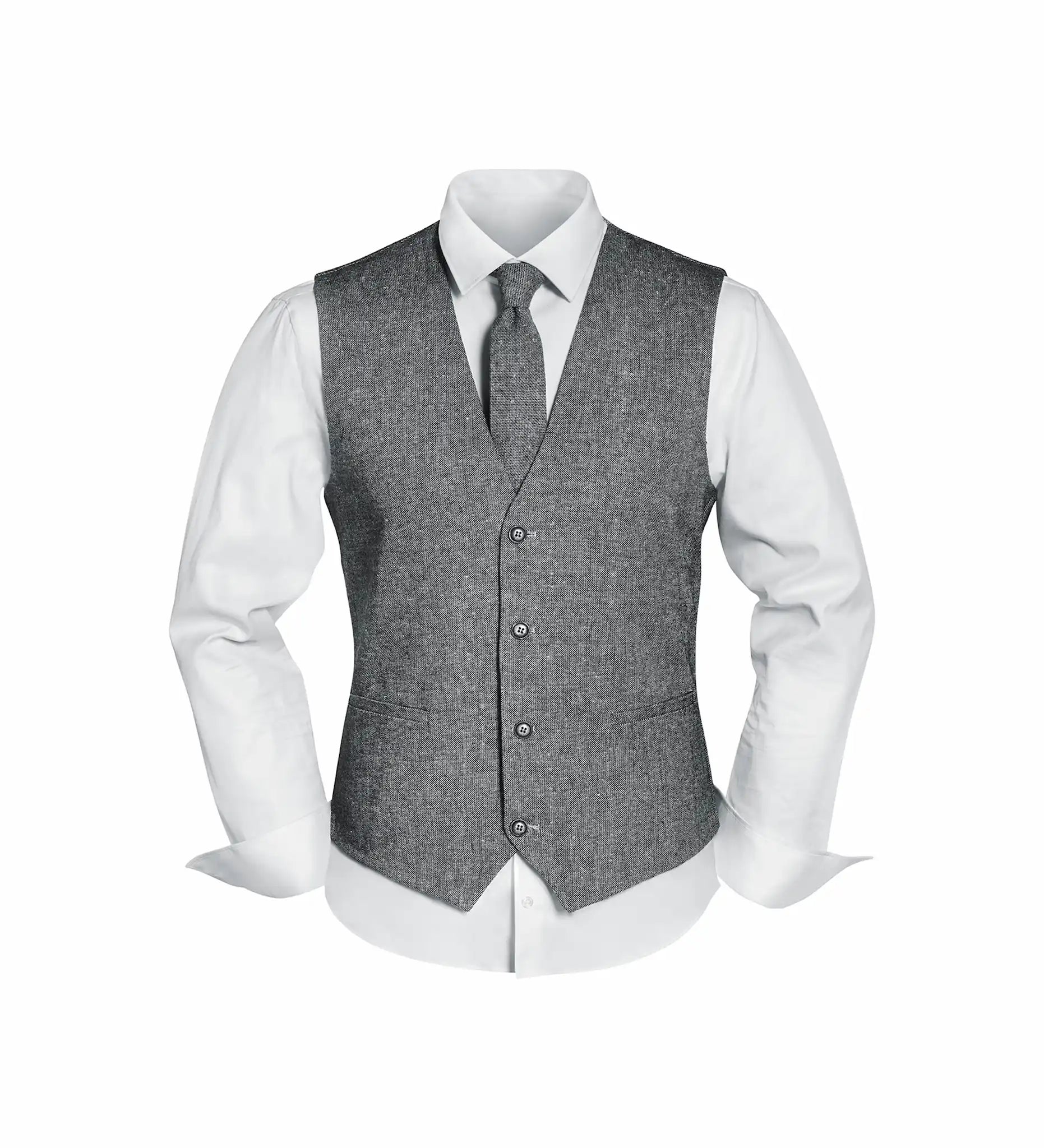 (Grau) Westen Set Herren Tweed mit Krawatte – Frontansicht auf weißem Hemd