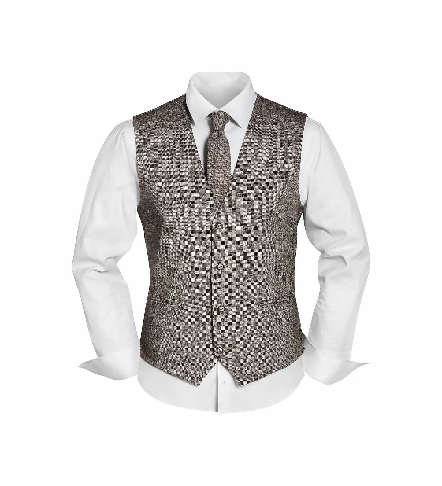 (Beige) Westen Set Herren Tweed mit Krawatte – Frontansicht auf weißem Hemd