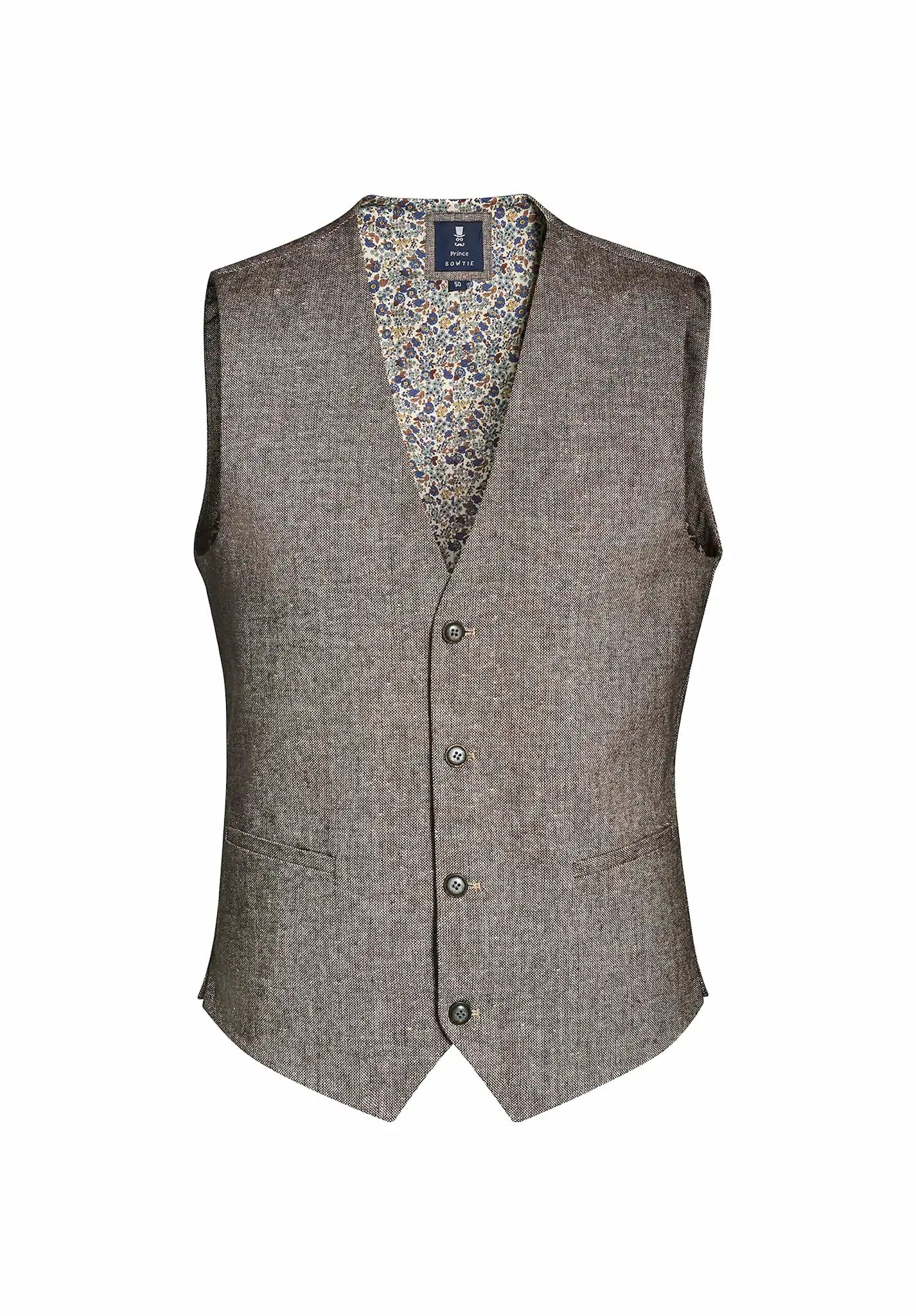 (Beige) Herrenweste Tweed mit floralem Innenfutter – Prince Bowtie
