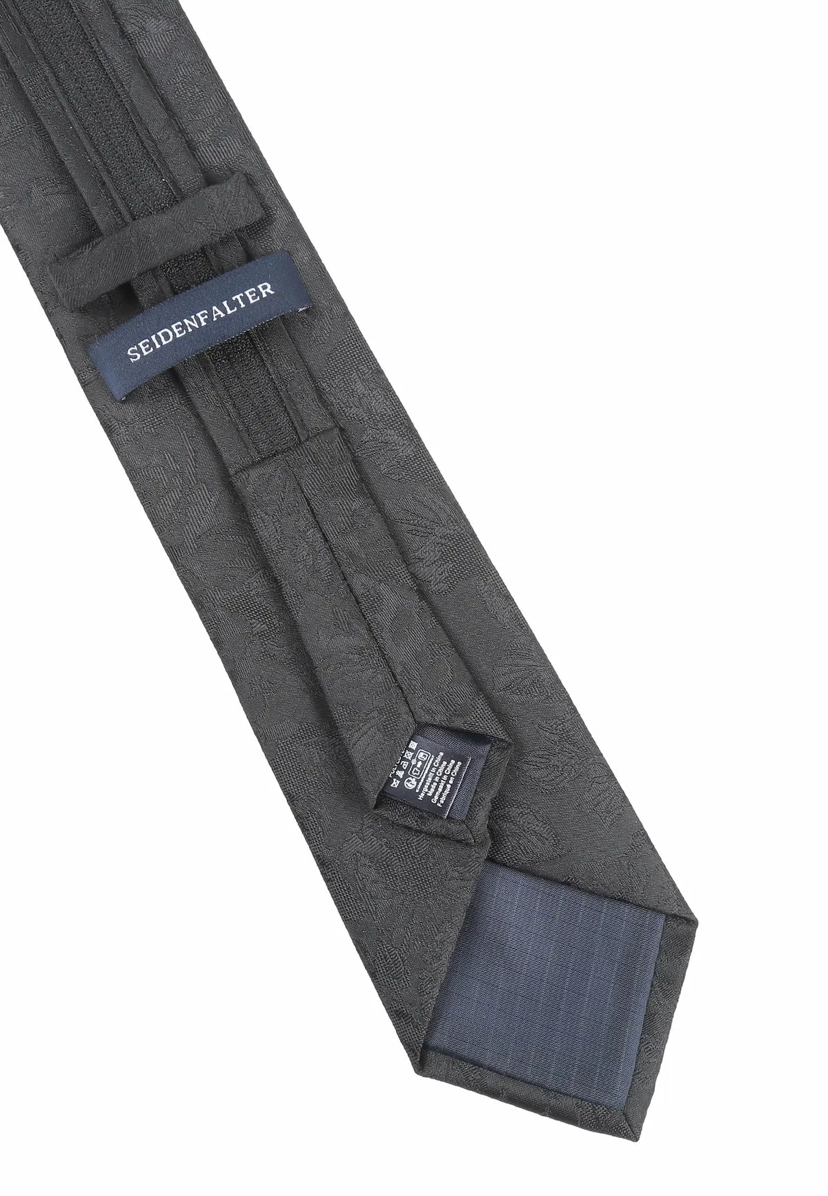 (Schwarz Blumenmuster) Rückseite der Zip-Trauerkrawatte mit Reißverschluss und Schlaufe, vorgebunden und verstellbar