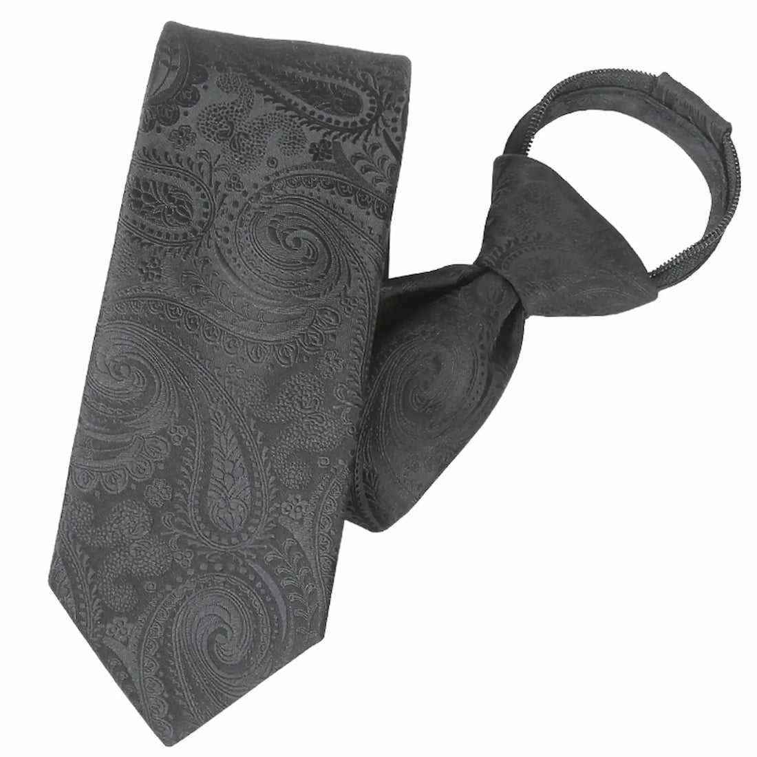 (Schwarz Paisley) Zip-Trauerkrawatte schräg fotografiert, schwarze Krawatte mit Paisley-Muster und Schlaufe