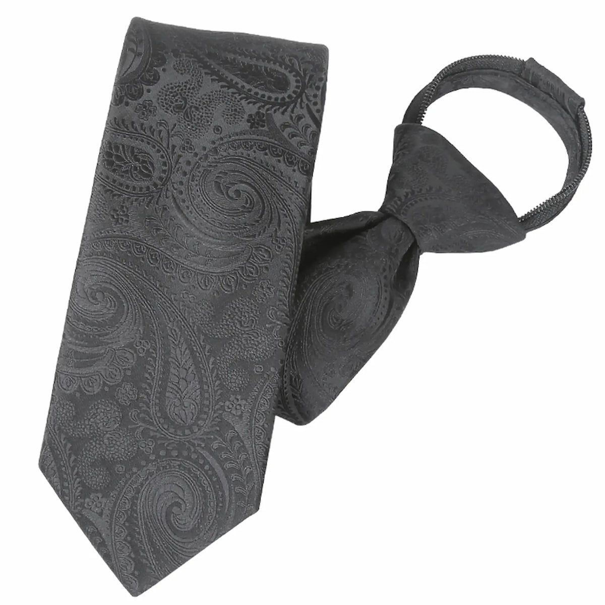 (Schwarz Paisley) Zip-Trauerkrawatte schräg fotografiert, schwarze Krawatte mit Paisley-Muster und Schlaufe