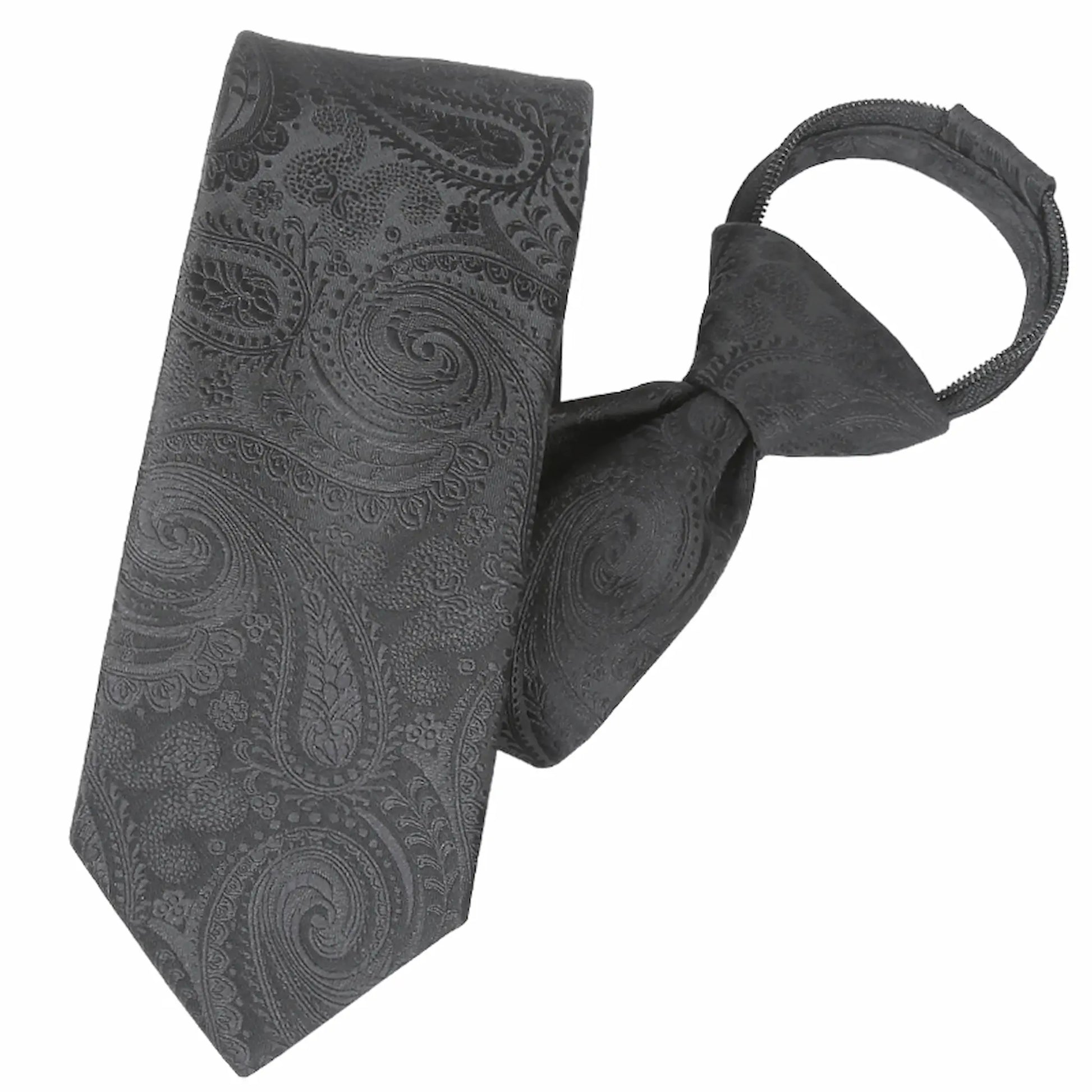 (Schwarz Paisley) Zip-Trauerkrawatte schräg fotografiert, schwarze Krawatte mit Paisley-Muster und Schlaufe