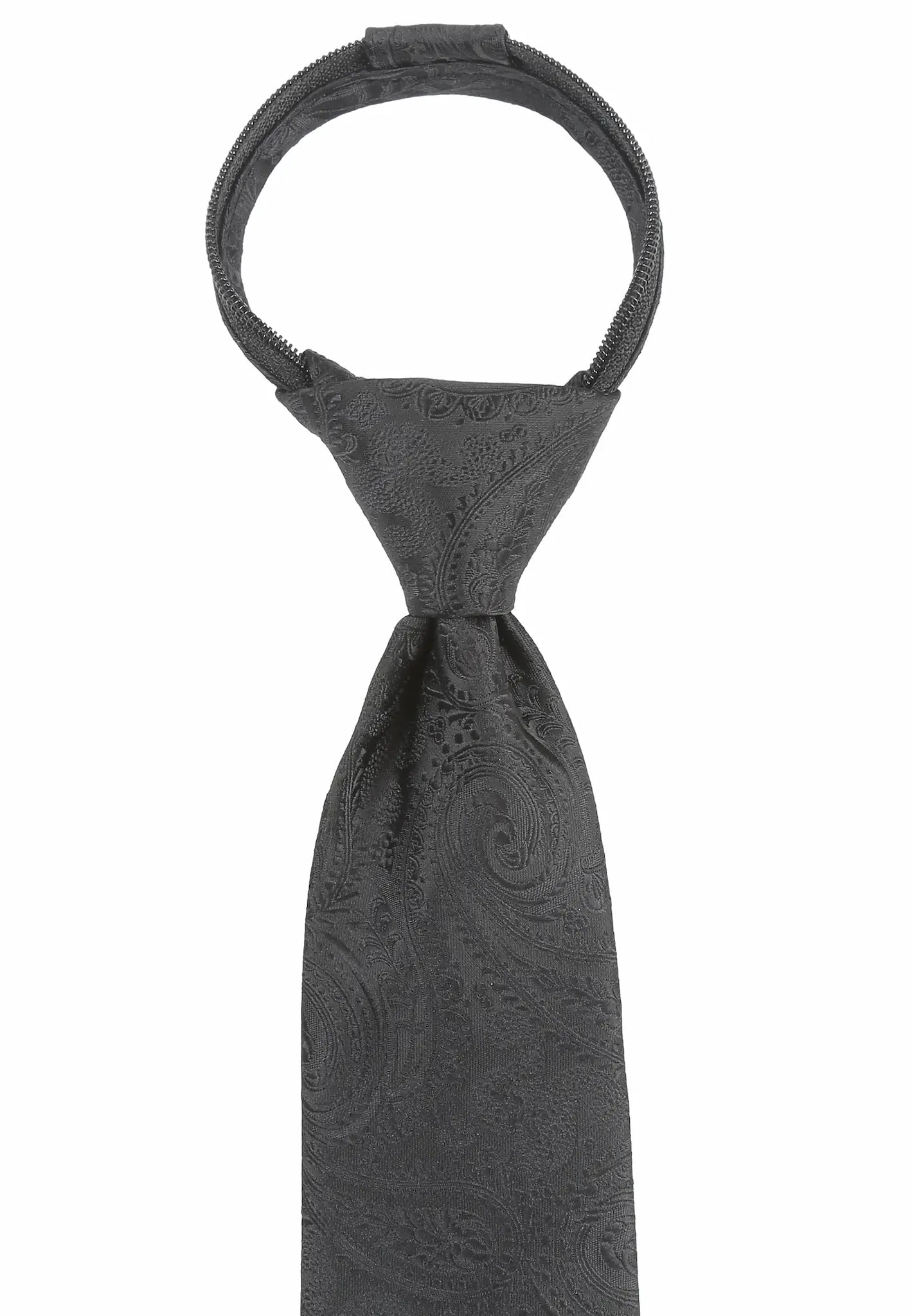 (Schwarz Paisley) Zip-Trauerkrawatte vorgebunden mit Schlaufe, schwarze Krawatte mit Paisley-Muster freigestellt