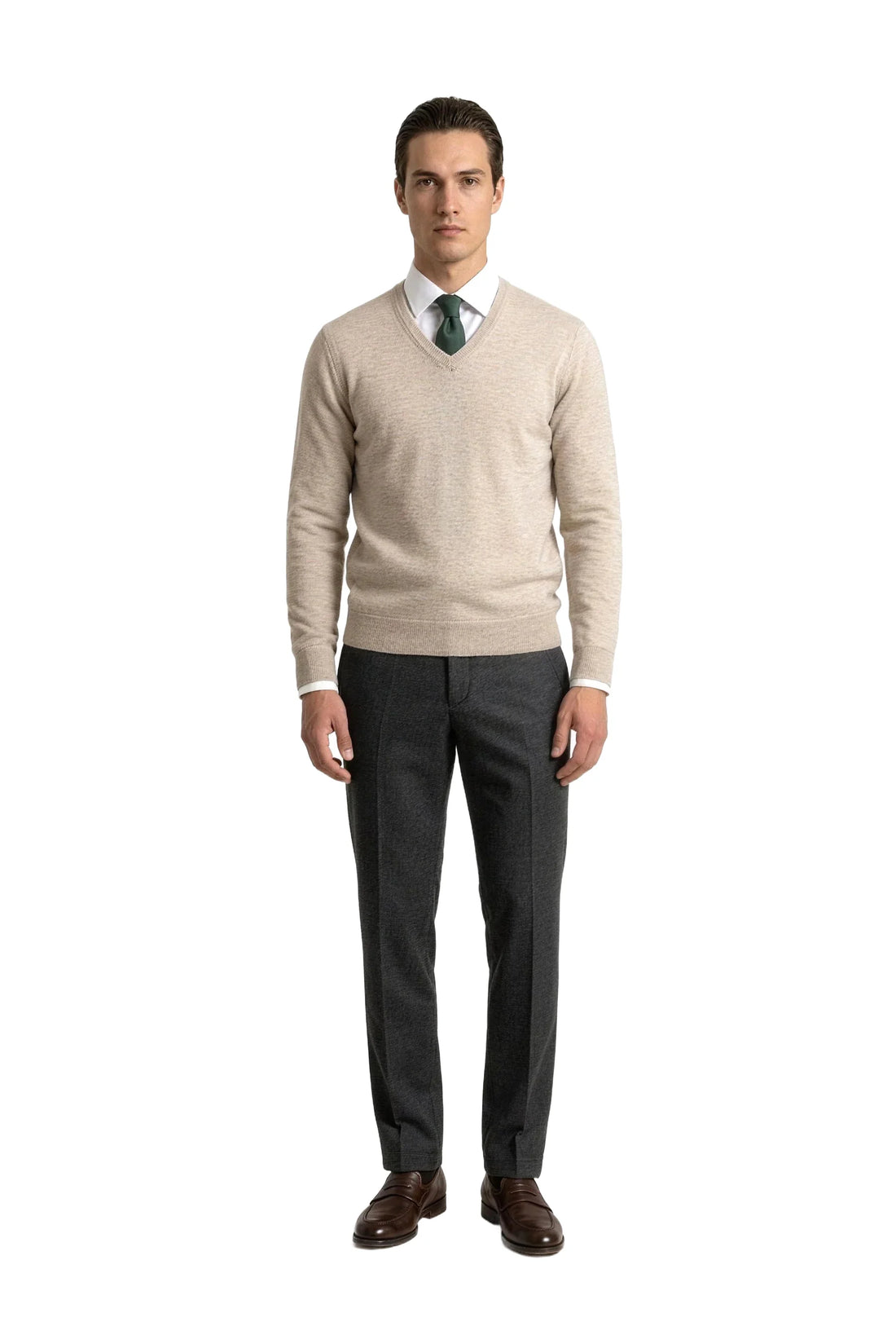 (Dunkelgrün) seidenkrawatte herren uni schmal getragen ganzkörper look mit merino v-pullover